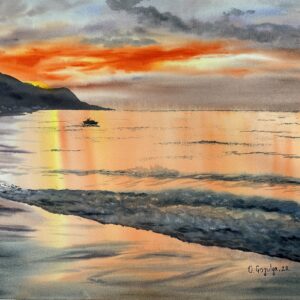 Sunset on the Beach, watercolor painting by Olga Gogulya