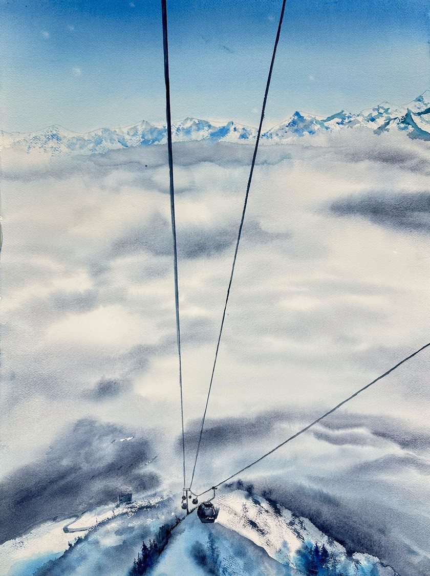 Watercolor “Up to Rosa Peak” — mountains above the clouds