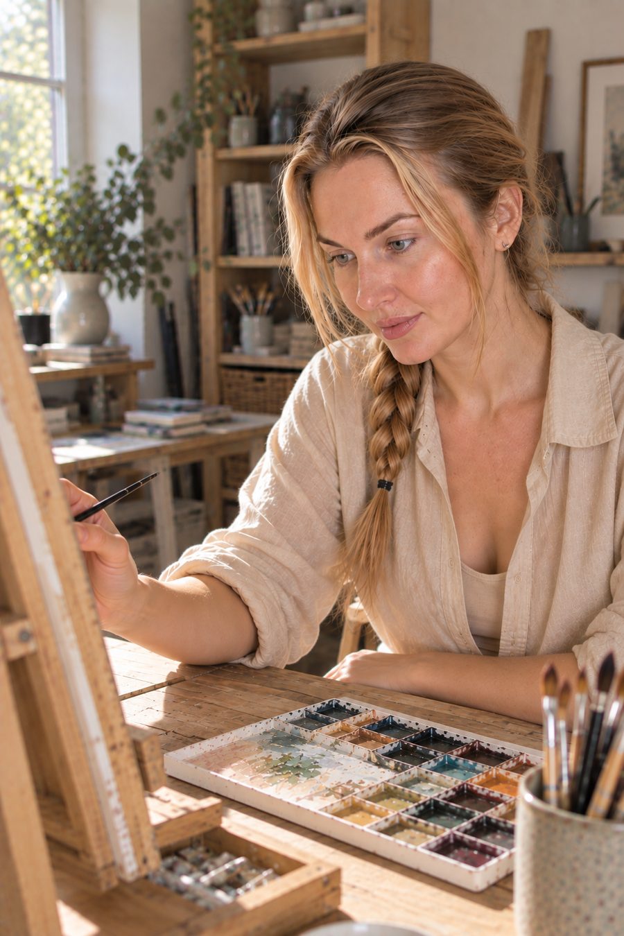 Watercolor artist Olga Gogulya at work in her studio